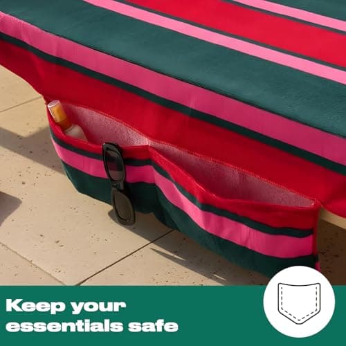 OHS Sun Lounger Towel with Pockets, Soft Absorbent Summer Holiday Essentials Stripe Beach Towels for Adults Lightweight Quick Dry Large Microfibre Beach Towel, Green/Red - 75 x 215cm — view 3