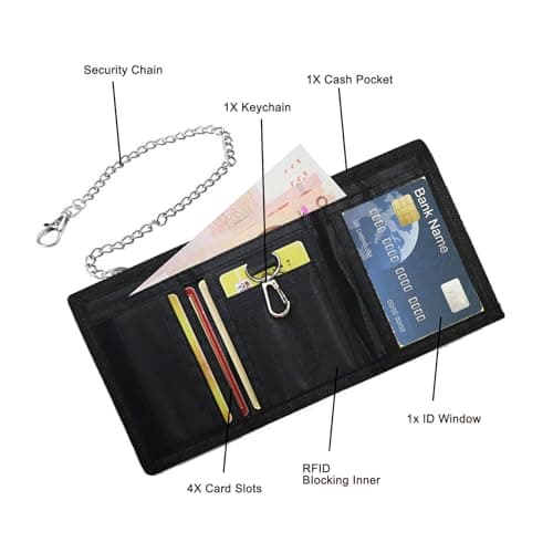 Slim Wallet, Men's Wallet with Chain Clip Zipper for Travel Sports, Black — view 3
