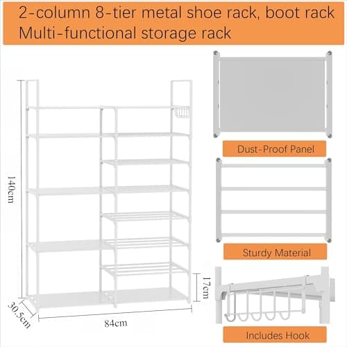 Lxvckly Shoe Rack, 8 Tiers Shoe Storage Organizer, Metal Tall Shoe Shelf Holds 26-30 Pairs, Vertical Shoe & Boot Organizer for Narrow Spaces, Entryway, Closet, Hallway, Cloakroom, Garage White — view 3