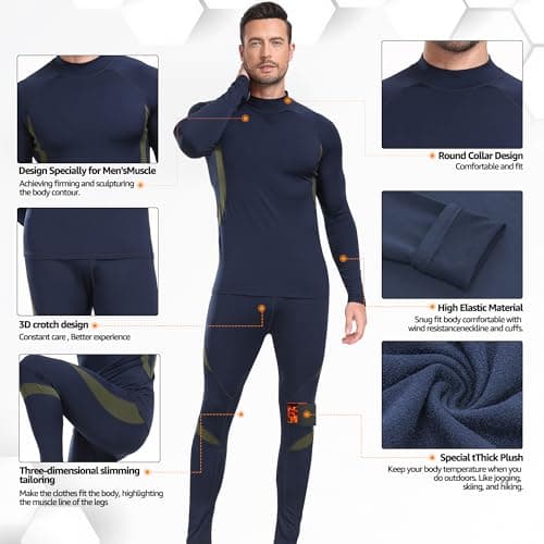 UNIQUEBELLA Mens Thermal Underwear Set Long Sleeve Turtleneck Tops Long Johns Thermal Base Layer Bottom Fleece Lined Quick Drying — view 4