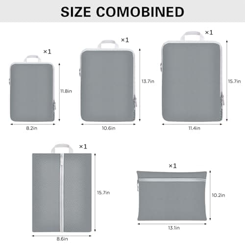 Compression Packing Cubes for Suitcases,Suitcase Organiser Bags,Travel Packing Cubes Compression Set for Backpack,Packing Organisers,Waterproof Travel Organiser Packing Bags (5, Grey) — view 6
