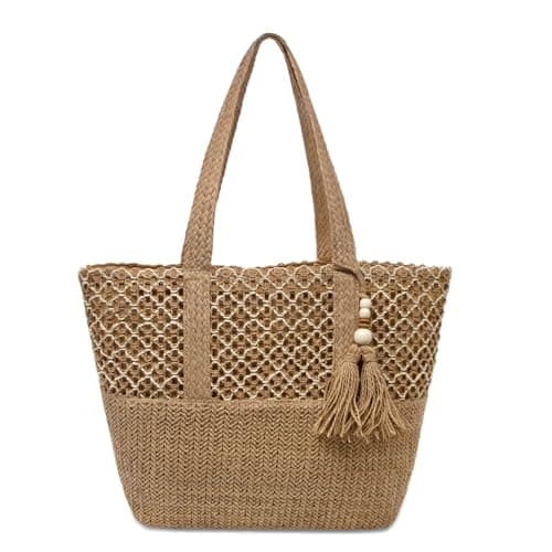 YAMEIZE Straw Woven Beach Shoulder Bags for Women Big Foldable Straw Tote bag Lightweight Raffia Bag with Zipper Summer Vacation