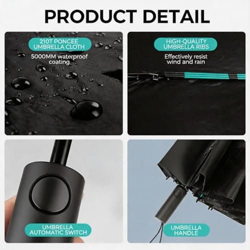 NAYEZH Umbrella Windproof Travel Umbrella for Rain, Auto Open Close, 12 Ribs 3+2 Fiberglass Frame, Durable Compact Portable Umbrella for Daily Use (Black) — view 3