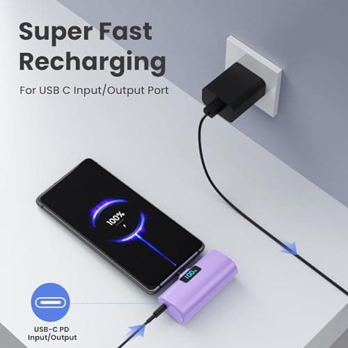 Power Bank Portable Charger for iPhone, Upgraded 5200mAh PD USB C Fast Charging Battery Pack, Ultra-Compact Powerbank Compatible with iPhone 17/16/15 Series, Samsung S25/24 Series, Huawei etc-Purple — view 2