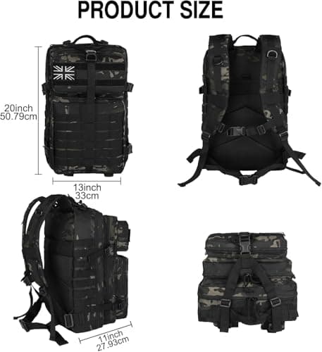 Panavage | Military Tactical Backpack 45L | Waterproof Rucksack with MOLLE, Laptop Compartment | 3-Day Assault Pack for Hiking, Camping, Hunting | Unisex (Black Camo) — view 3