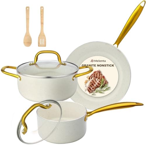 M MELENTA Pots and Pans Set Non Stick, 7-Piece Cream Induction Hob Pan Set
