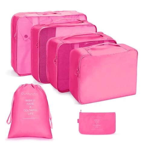 OSDUE Packing Cubes for Suitcases, 6 PCS Travel Luggage Packing Organizers Waterproof Travel Essentials Bag Accessories, Clothes Cosmetics Toiletries Storage Bags, Rose Red
