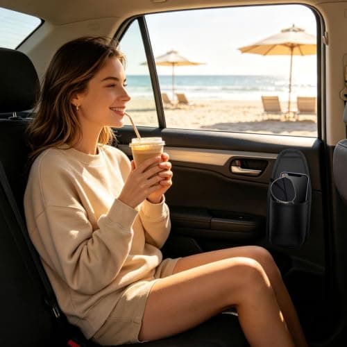Leather Car Door Organizer with Cup Holder, Adhesive Side Storage Pocket — view 5
