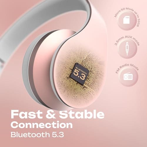 PowerLocus Wireless Bluetooth Over-Ear Stereo Foldable Headphones, Wired Headsets Noise Cancelling with Built-in Microphone for iPhone, Samsung, LG, iPad (Rose Gold) — view 6