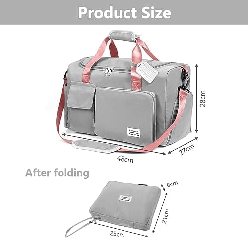 flintronic Travel Duffel Bag, Foldable Gym Bag- Overnight Weekend Bags for Women Men, with Wet and Dry Separation, Large Capacity Holdall Bag for Sports and Travel - Grey & Pink — view 2