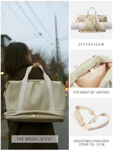 MOIY Water roof Gym Bag for Women with Shoe Compartment, Weekender Bags for Women Travel, Carry on Bags for Airplane, Neoprene Travel Bag, Yoga mat Bag, Beige, Duffle Bag with Detachable Strap — view 6