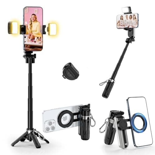 CloudValley Mini Selfie Stick Tripod with 2 Fill Lights, 4 in 1 Pocket Phone Tripod with 360° Rotation, Detachable Bluetooth Remote Control, Foldable Handle Grip, Compatible with iPhone/Android