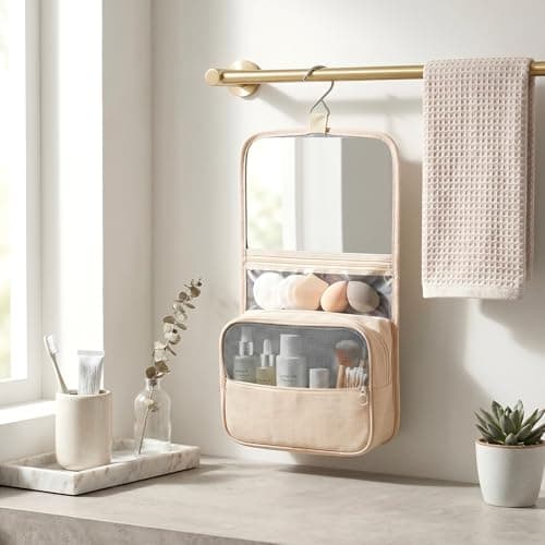 SUNNYNEST Unisex Travel Makeup Bag with Mirror – Foldable Hanging Toiletry Bag, Vanity Case & Makeup Organiser for Business Trips, Camping, Fitness & Weekend Getaways (Khaki) — view 5