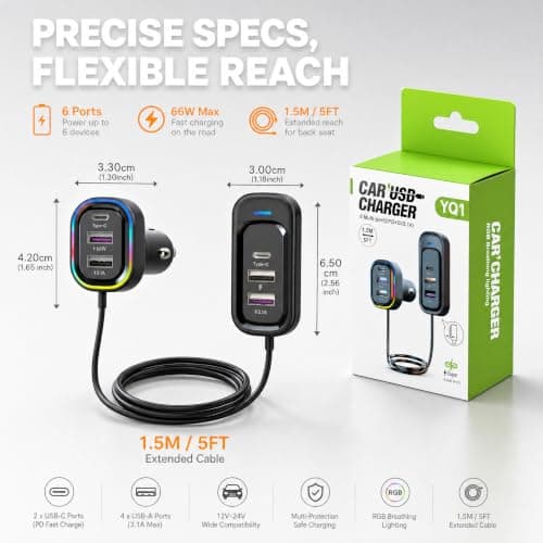 USB C Car Charger,Cigarette Lighter USB Charger, 81W Multiport 6-Port 150CM — view 2