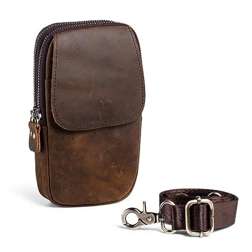 Hengwin Genuine Leather Mobile Phone Belt Bag, Cellphone Crossbody Pouch for Men, Mobile Phone Accessories, Outdoor, Travel, Waist Bag with Belt Clip, Messenger Bag Organizer (Coffee)