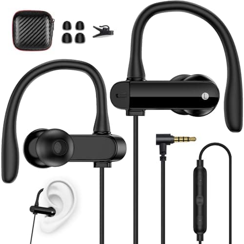 AIAUXAI In Ear Sport Headphones with Wire, 3.5 mm Jack, Ear Hook, Black