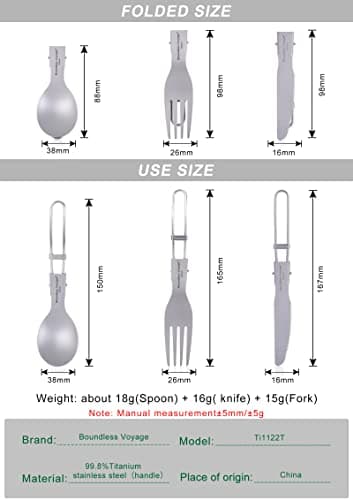 iBasingo Titanium Folding Fork Spoon Knife Camping Cutlery Set Outdoor Travel Picnic Hiking Portable Tableware Small Ultralight Flatware Business Trip Dinnerware with Pouch Ti1122T — view 2