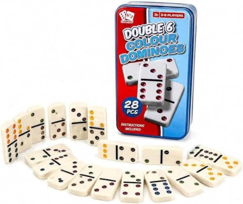 A2Z Double 6 Colour Dominoes Set in Metal Tin 28 Pieces Family Game