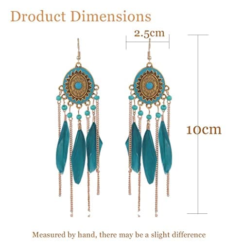 Bohend Boho Feather Tassel Earrings Gold Long Turquoise Earring Bohemia Travel Beach Bead Chain Ear Accessories for Women and Girls (Blue) — view 5