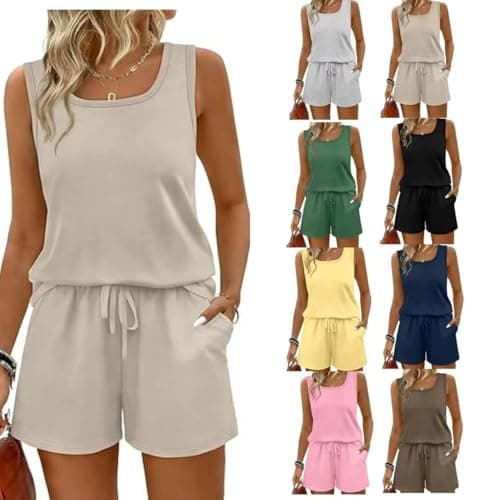 Co Ord Sets for Women Trousers Khaki Summer 2-Piece Sleeveless Tracksuit Casual Tank Top and Elastic Waist Shorts Set with Side Pockets for Loungewear Outdoor Activities UK 12
