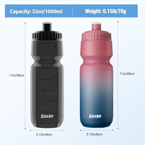SLUXKE 32oz Bicycle Water Bottle 2Pack, 1000ml Sports Squeeze Bottle BPA Free, Durable Cycling Water Bottle Fits Most Bike Cages — view 5
