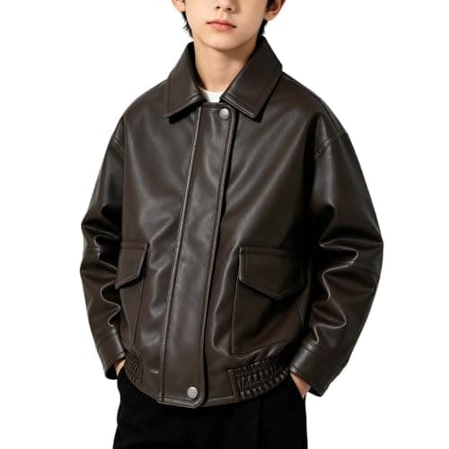 TTHVYE Kids Outdoor Casual Jacket Boys Girls Faux Leather Long Sleeve Zippered Lapel Vintage Biker Style Warm Top for Children Age 1-13 Years Windproof Athletic Daily Travel School Walking​