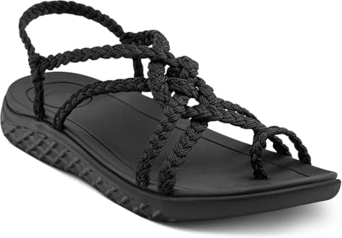 Plaka Explore Walking and Hiking Sandals for Women | Comfortable Summer Sandal with Arch Support | Waterproof Comfy Sandals for Travel, Beach or Poolside, Pure Black, 8.5-9