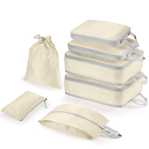 Compression Packing Cubes 7-Piece Set with Multi- Compartment Travel Bag, Waterproof Suitcase Organiser Bags,Travel Packing Cubes for Suitcases, Packing & Storage for Luggage (Beige)