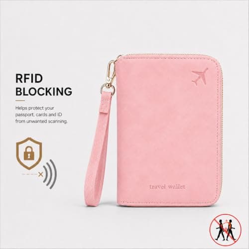 ILIYAH RFID Passport Wallet Holder - PU Leather Travel Document Organiser with Zipper Wrist Strap Card Coin SIM Slots for Men Women Family Trips (Deep Pink) — view 2