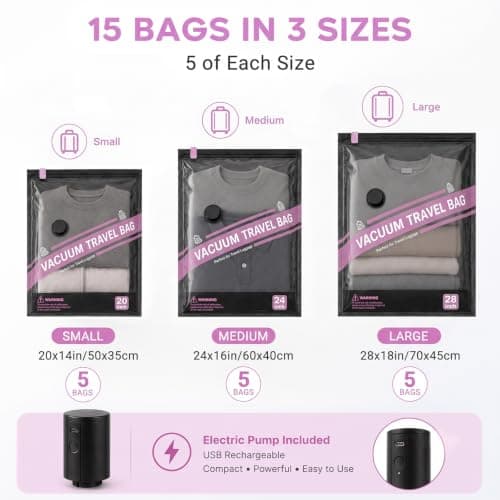 ZOESTORAGE Vacuum Bags for Travel with Electric Pump, 18 Pack Travel Vacuum Bags with Pump for Clothes, Luggage, Blankets, Vacuum Storage Bags for Clothes (5L, 5M, 5S, 3 Shoe Bags), Pink — view 4