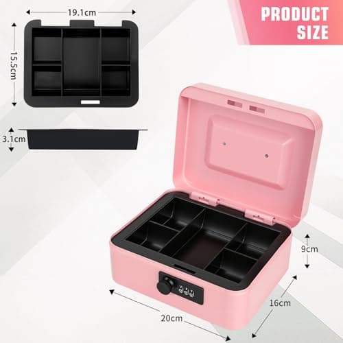 Cash Box with Combination Lock, Money Tin Box with Coin Tray, Lockable Cash Tin for Money Saving 20 * 16 * 9cm (Pink) — view 3