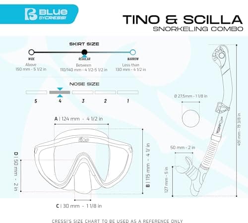 Cressi Tino & Scilla Combo Set - Split Strap Comfort in Adult Snorkel Mask Set - Tempered Glass Snorkel Mask - Clear/Blue Navy - One Size — view 5