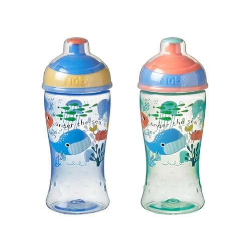 Nuby Super Slurp Free-Flow Water Bottle, 2-Pack, 360ml, 18M+, Under the Sea