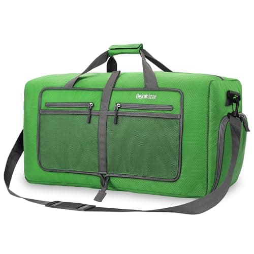 Bekahizar Travel Duffle Bag 60L Lightweight Foldable Holdall Duffels Large Weekend Overnight Bag Packable Carry On Luggage with Shoe Compartment for Men Women Camping Storage Gym Beach (Dark Green)