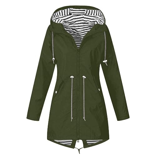 Army Green Lightweight Waterproof Jacket for Women - Travel Cycling Rain Coats,Packable Windbreaker Coats Outwear with Hood,Loose Fit Casual Long Hooded Rain Jacket,Breathable Softshell Raincoat XL