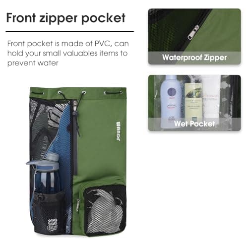 WANDF Swim Bag Mesh Drawstring Backpack with Wet Pocket for Swimming, Gym, and Workout Gear (Dark Green) — view 3