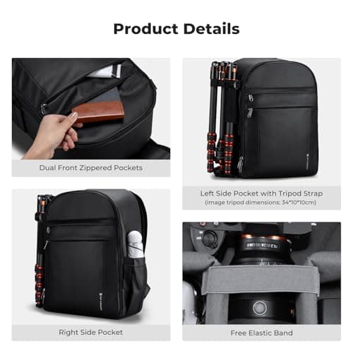 K&F CONCEPT Camera Backpacks for Photographers Travel Bag for Tripod Camera Lence Accessory with Laptop Compartment and Rain Cover Waterproof (Black-pu) — view 6