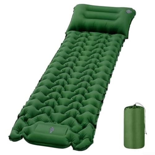 Self Inflating Camping Mattress With Pillow, Lightweight Portable Sleeping padss, Foot Pump In 60S, Connectable For Couples, Hiking Travel(Pine green)