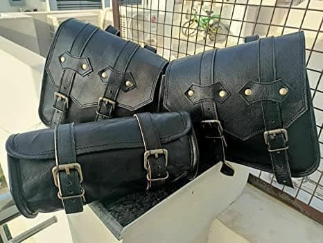 Handmade Panniers Luggage Leather Saddle Bags || Motorcycles Bike Power Sports Moped Accessories || Leather Dual Sport Motorcycle Left Right Two Side Bag with Tool Bag (Set of 3 Black) — view 5