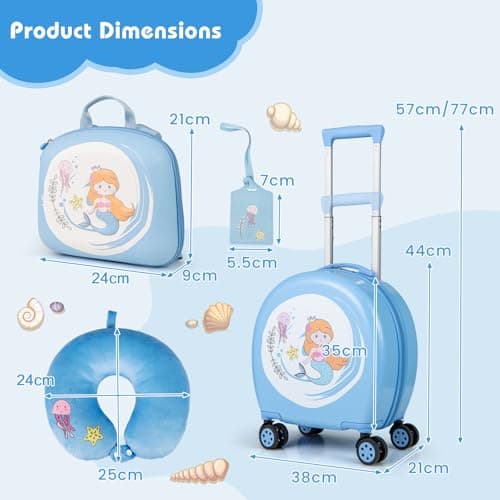 GYMAX 4Pcs Kids Luggage Set, 10” Backpack & 14” Children Hardshell Suitcase with Wheels, Neck Pillow & Name Tag, Toddler Carry On Luggage Set for Travel School (Blue+White) — view 6