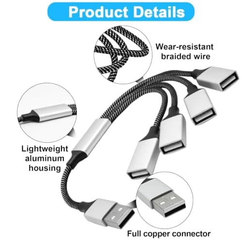 USB Splitter 4 Port 0.3m USB 1 in 4 Out Splitter Adapter Nylon Braided — view 3