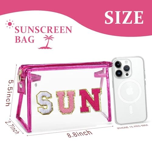 COSHAYSOO Sunscreen Bag Clear Makeup Toiletry Pouch Beach Vacation Essentials for Women Teen Girls Trip Gifts Summer Pool Travel Must Have Accessories Waterproof Stuff, Pink-Sun, 8.8" x 2.7" x 5.5 — view 2