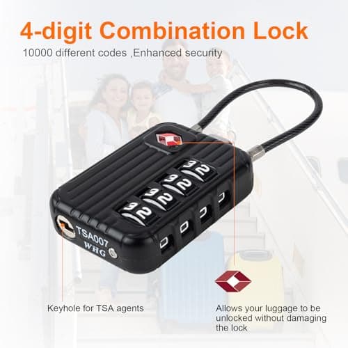GRIFEMA GA1008 TSA Approved 4-Digit Combination Luggage Lock, Secure Travel Lock with Steel Cable for Suitcases, Backpacks, Gym Lockers - Black — view 5