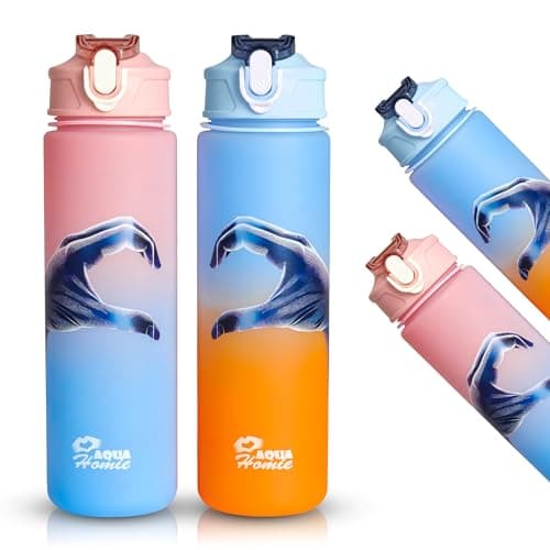 Pack of 2 Water Bottle with Straw 750ml – Leakproof BPA Free Sports Water Bottle for Gym, School & Travel – Motivational Drinking Bottle with Time Markings for Kids & Adults(Blue-Orange/Pink, 750ml)