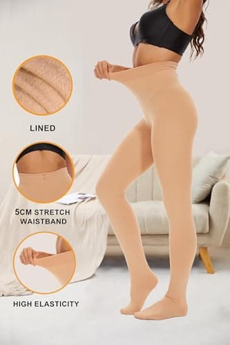 CozyWow Women’s Footed Thermal Tights Elastic Fleece Lined Leggings Women Winter Warm Tights for Women with Soft and Comfort beige+black m — view 6