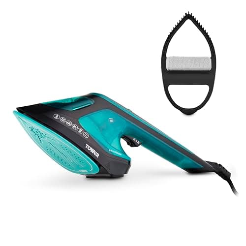 Tower Garment Steamer 1800W, 2-in-1 Steamer & Iron for Flexible Garment Care, One Temperature Technology, 25-Second Heat-Up, Ceramic Soleplate, 180ml Tank, Black & Teal (T22031TL)