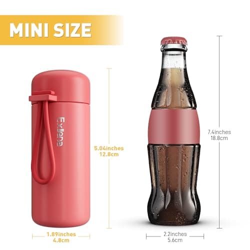 Exllena Small Flask 150ml Made of 304 Stainless Steel, Double Wall Vacuum Insulation for Hot&Cold Drinks, Mini Flask with Carry Handle - 100% Leakproof(Coral Red) — view 2