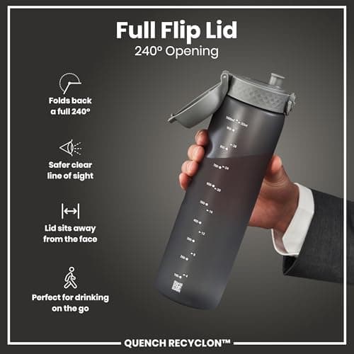 ION8 1 Litre Water Bottle, Leak Proof, Flip Lid, Carry Handle, Rapid Hydration, Dishwasher Safe, BPA Free, Contoured Grip, Ideal for Travel, Gym & Activity, Carbon Neutral Recyclon, 32 oz, Grey — view 4