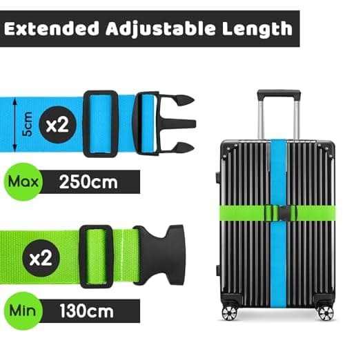 WISYOK Luggage Straps Extended, 4 Pack, 130-250cm Adjustable, SkyBlue Green — view 2