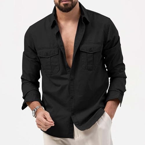 BiCophy Mens Long Sleeve Sun Protection Safari Shirts Casual Slim Fit Tactical Cargo Work Shirts Outdoor Lightweight Button Down Hiking Travel Camping Shirts Black — view 2